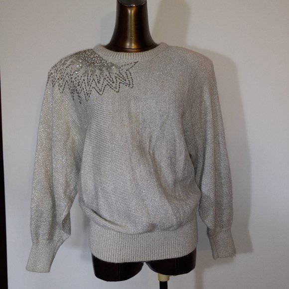 crew-neck silver metalic thread acrylic sweater sequin and beaded vintage 1980s - Picture 2 of 16